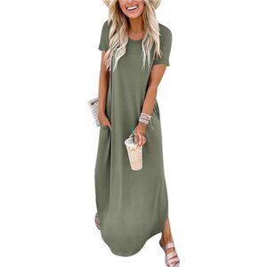 Women's Summer Casual Loose Short Sleeve Long T Shirt Dress Split Maxi